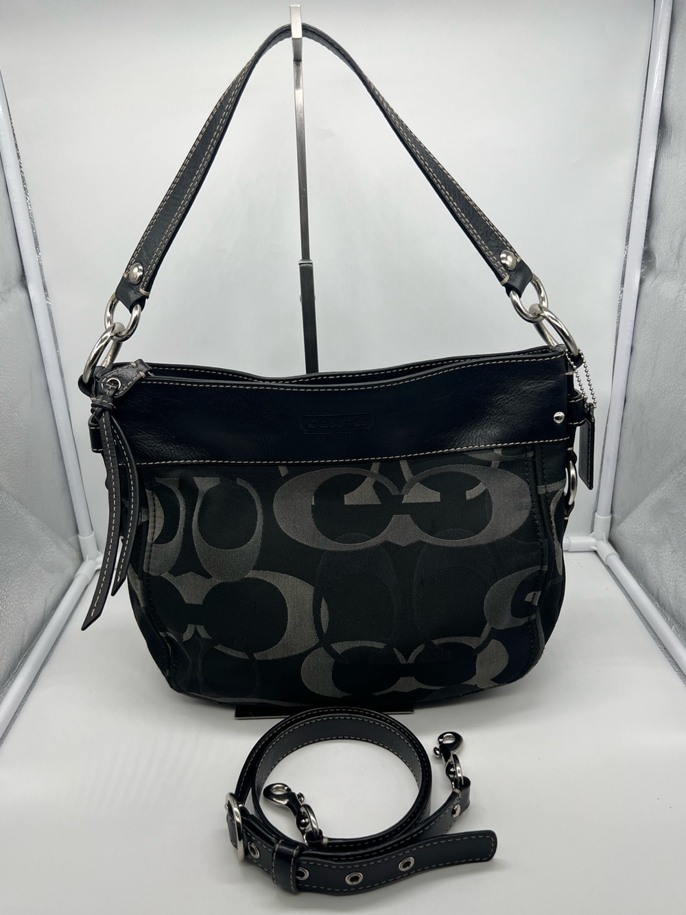 COACH F14711 Y2K Zoe Opt C Signature Monogram Black Canvas Leather Trim Hobo Bag